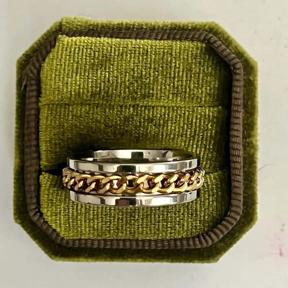 Two-Tone Spinner Ring with Gold Curb Chain and Silver Stainless Steel 8mm Band S